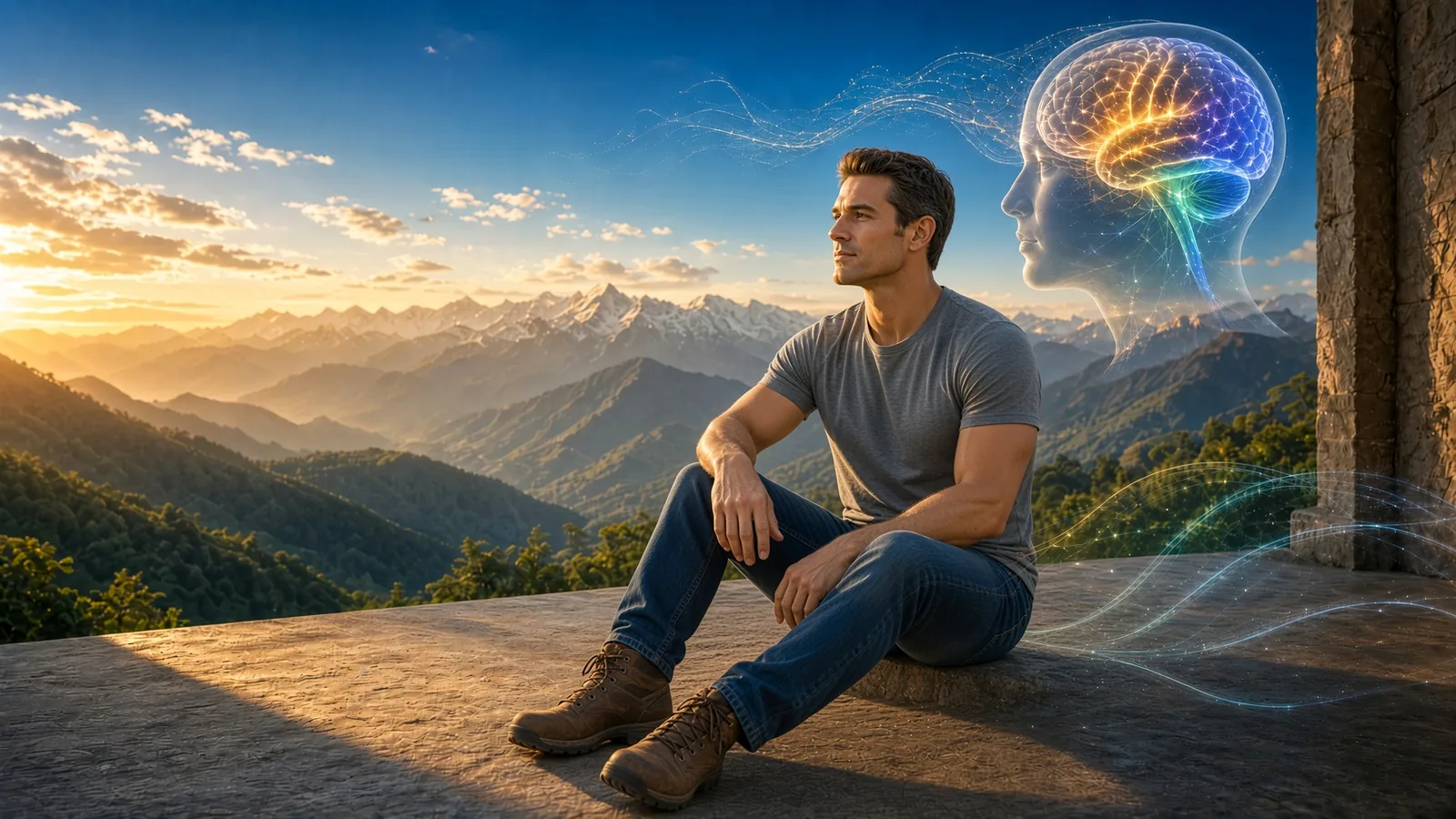 A man sits on a stone terrace facing Himalayan peaks at sunrise, beside a translucent head with a glowing brain and threads of light flowing outward