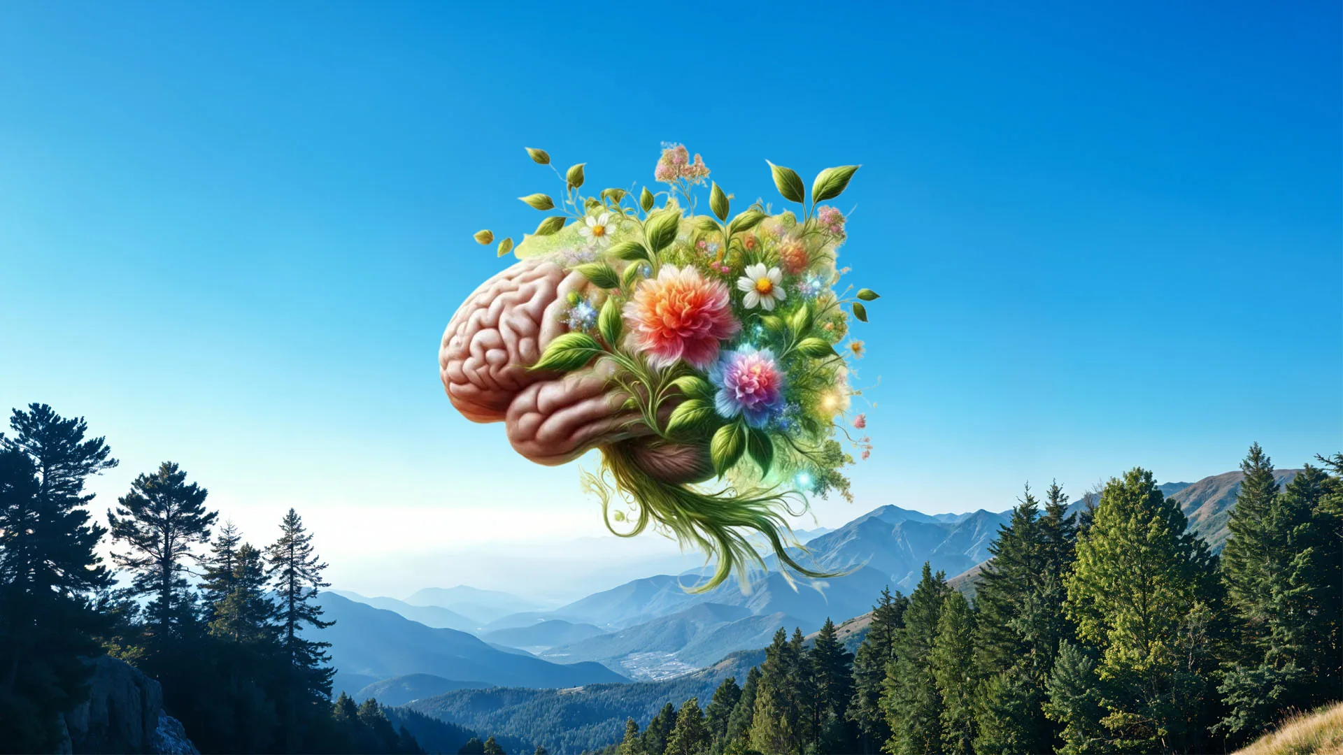 Illustration of the human brain blooming with flowers, representing growth and neuroplasticity