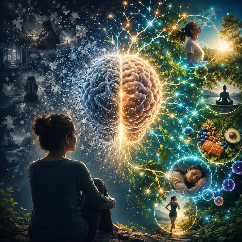 A split illustration of the human brain — one side clouded and fragmented, the other illuminated with neural pathways, greenery, and the inputs that support brain health: exercise, sleep, nutrition, and contemplative practice